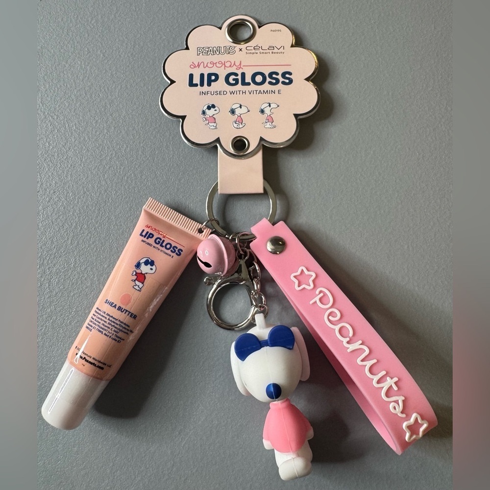 Peanuts x celavi Snoopy Pink and White Lip Gloss Keychain infused with vitamin E
